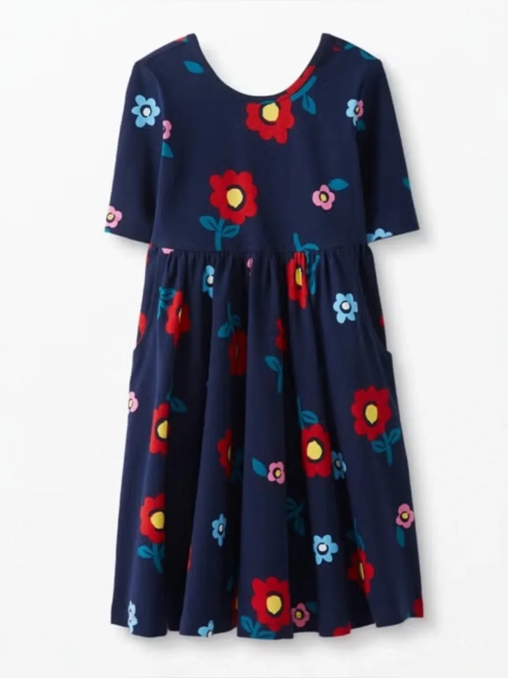 4/$25 Hanna Andersson Flower Twirl Dress Girls Size 6-7 Navy Red Pockets READ